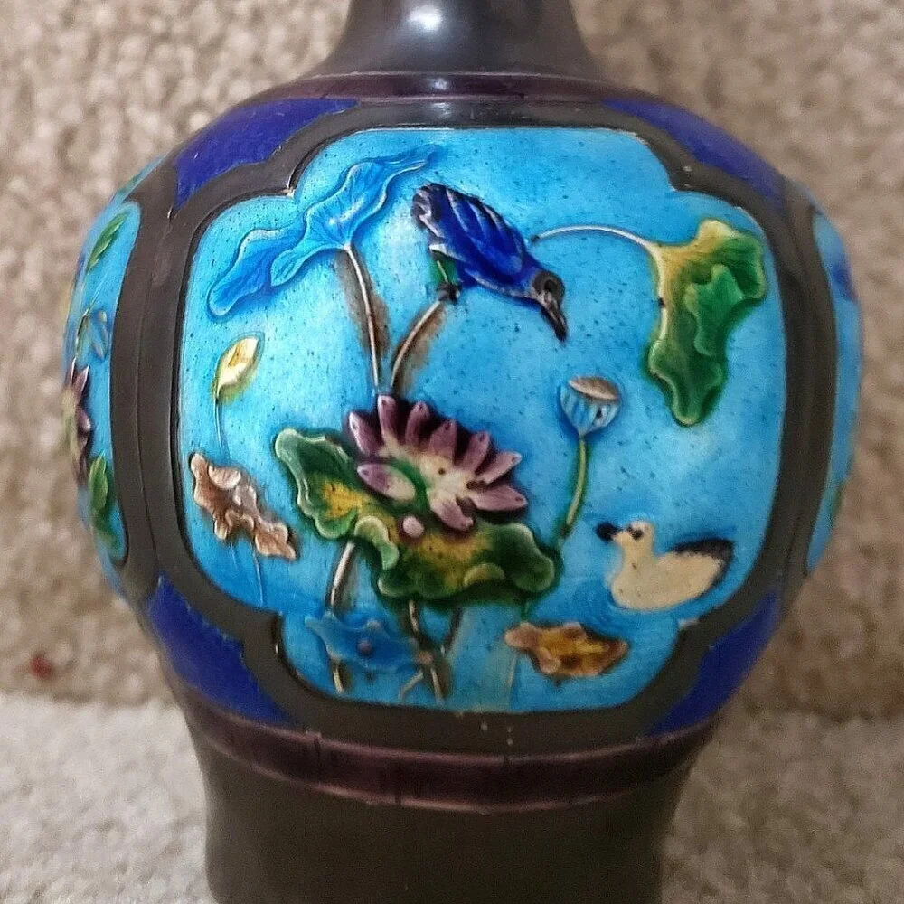 Small Vintage Cloisonne Genuine Silver Antique Natural Patina  Floral Vase Set